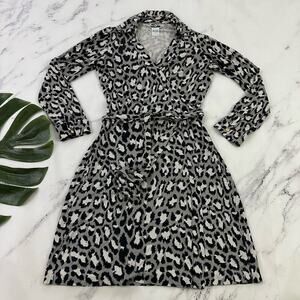 Diane Von Furstenberg DVF Womens Wrap Dress Size 2 Black Gray Leopard Print Silk
